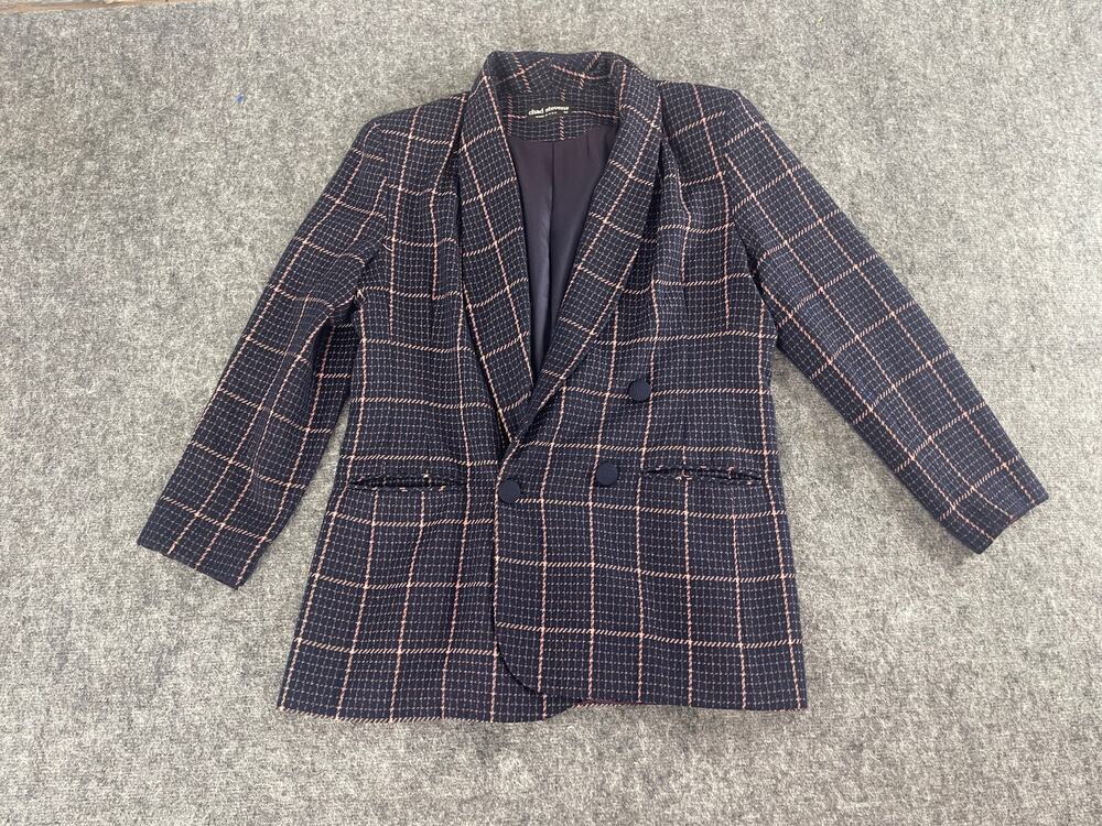 Chad Stevens Blazer Jacket Women 14 Navy Blue Plaid Sport Coat Long Sleeve A5